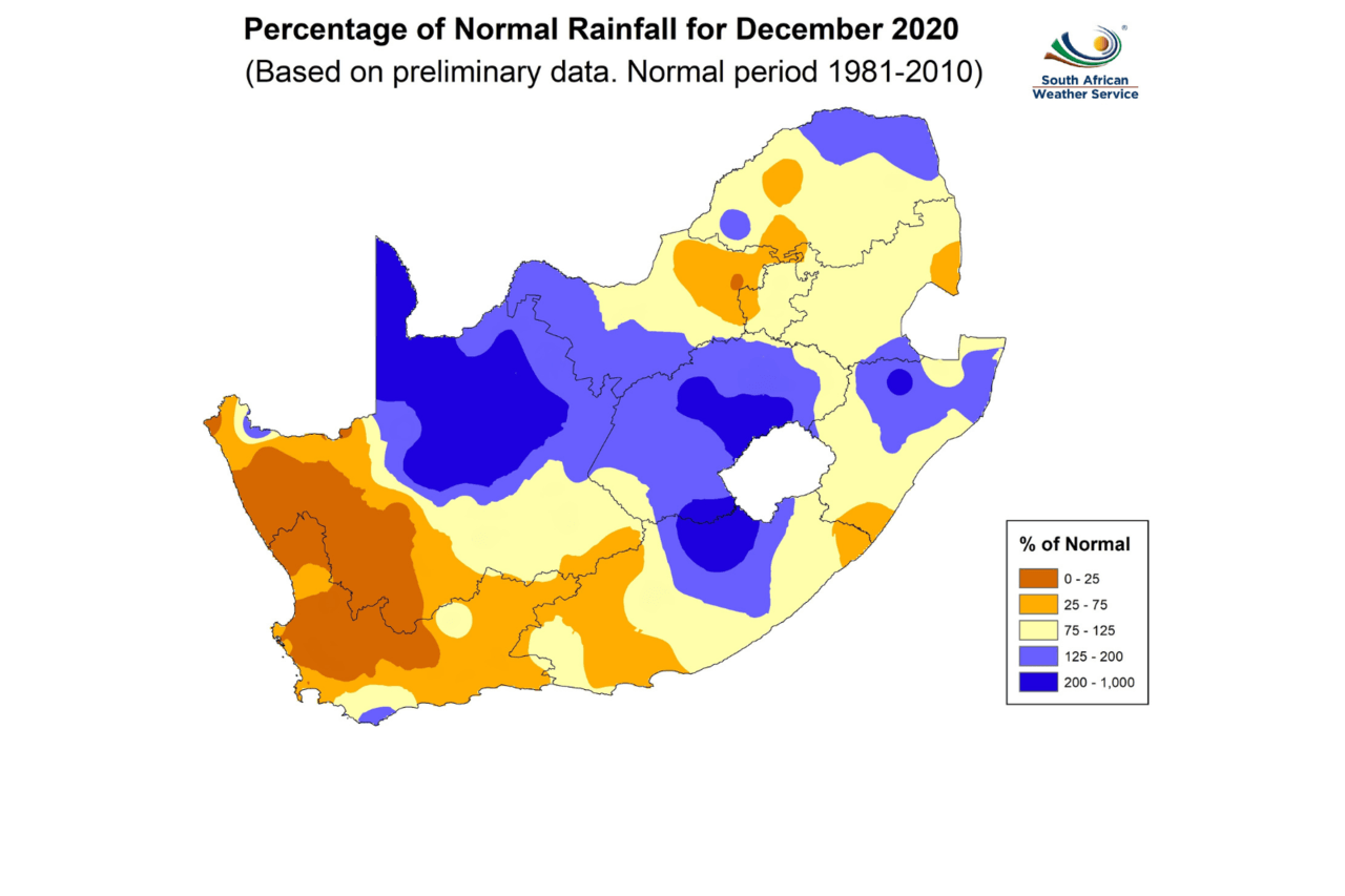 Percentage of rainfall: December 2020 