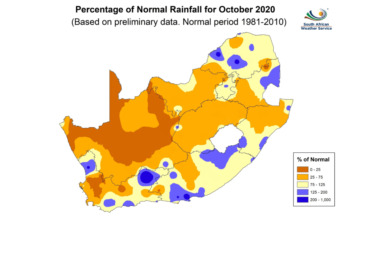 Percentage of rainfall: October 2020 